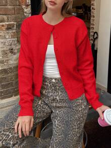 Women Solid Color Front Button Long Sleeve Casual Knitted Cardigan,Long Sleeve Tops - Red - View 3