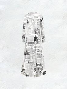 Women'S Vintage New York Wall Street Newspaper Print Maxi Dress - Long Sleeve Round Neck A-Line Floor-Length Dress With Newspaper Headlines & Stock Market Design, Machine Washable Spring/Fall Casual To Semi-Formal Outfit For Women, Spring Fashion - 星星 - 查看 3