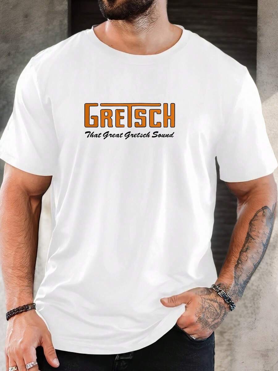 Men's GRETSCH Graphic Casual T-Shirt - Summer Short Sleeve Round Neck Tee With Bold Orange & White Logo, "The Best Guitar Sound" Design, Green Solid Color, Regular Fit For Adults, Rock Band T Shirts, Nontransparent Fabric, Music Lover Apparel, Vintage Style, Breathable Material, Printed Shirt, Music Fans - trắng - Xem 1