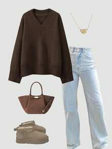 Women's Solid Color Ribbed Knit Pullover Sweater, Fashionable And Elegant, Loose Fit, Autumn/Winter - Coffee Beans - View 4