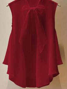 女士纯色时尚优雅休闲前短后长蝴蝶结领无袖上衣，夏季 - 紅色 - 查看 4