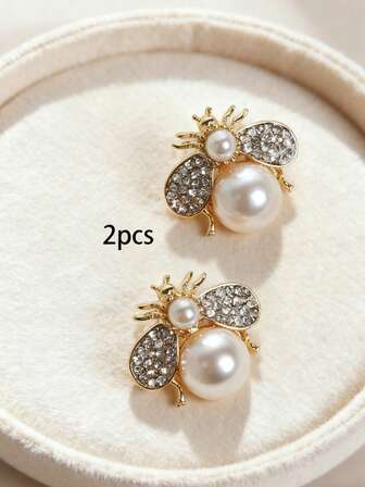 2pcs Beige Faux Pearl Rhinestone Bee & Heart Shaped Fashion Accessories, Elegant Chic Classic Cute DIY Shoe Decorations, Suitable For Stylish Sexy Ladies' Date Shoes, Boots, Sneakers, Bags, Home Decor