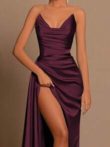 Onicee 夏季连衣裙，酒红色，时尚纯色优雅系腰缎开衩派对连衣裙，适合情人节、约会、聚会、派对、旅行、度假、海滩等场合。 - 酒紅色 - 查看 6