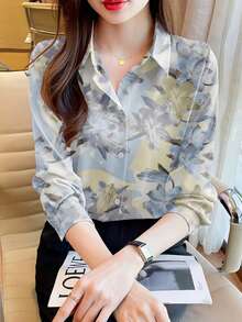 Áo sơ mi nữ dài tay in họa tiết hoa thanh lịch bán chạy nhất, thích hợp mặc ở nhà và đi nghỉ mát mùa xuân. - Màu xanh nhạt - Xem 3