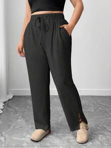 1 pieza Pantalón lápiz de ajuste suelto con diseño de abertura y cordón elástico para mujer talla grande, adecuado para salidas casuales, al aire libre, yoga, fitness, trotar, senderismo, ciclismo, de unicolor y estilo básico, para todas las estaciones - Negro - Ver 5