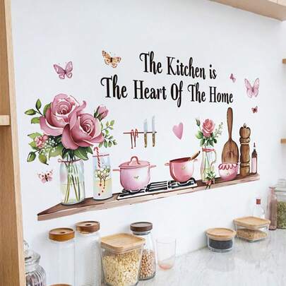 1pc Pink Rose Dinnerware English Quote Wall Decal, Removable Wall Sticker For Kitchen, Dining Room, Bedroom Decor