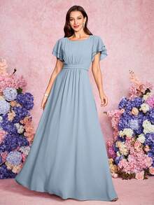 Volly Toych 优雅高贵的浅蓝色雪纺伴娘礼服，采用垂褶荷叶边下摆、短袖和圆领设计，适合特殊场合。 - 霧霾藍 - 查看 3