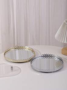1pc Iron Art Gold/Silver Crown Edged Mirror Tray, European Style Glass Vanity Tray For Home Living Room Coffee Table, Luxury Feeling Tea Cup Plate Jewelry Cosmetic Storage Tray, Home Decor Bathroom Bedroom Candle Holder Tray ,Room Decor - Multicolor - View 1