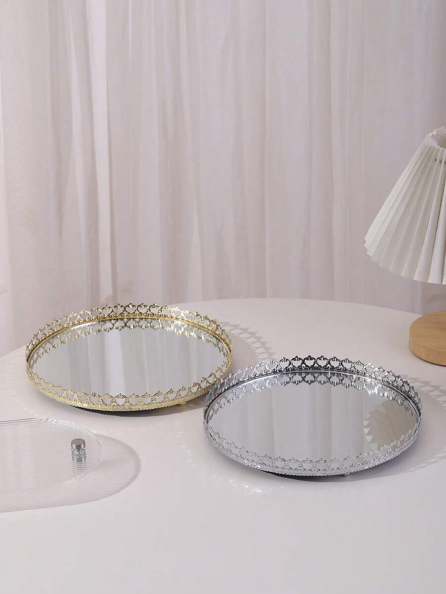 1pc Iron Art Gold/Silver Crown Edged Mirror Tray, European Style Glass Vanity Tray For Home Living Room Coffee Table, Luxury Feeling Tea Cup Plate Jewelry Cosmetic Storage Tray, Home Decor Bathroom Bedroom Candle Holder Tray ,Room Decor - Multicolor - View 1