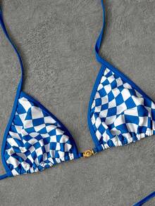 女士时尚格子印花优雅比基尼套装，性感吊带沙滩度假夏季装 - 藍色 - 查看 3