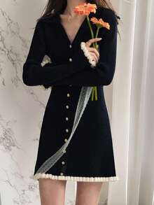 Alicedudu Đầm len nữ mùa thu/đông phối màu tương phản cổ chữ V dáng ôm màu đen - màu đen - Xem 4