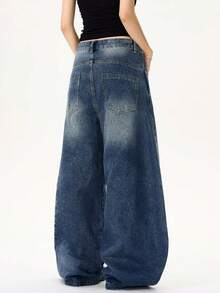 1 chiếc quần jeans ống rộng dáng suông Hearty Haven, phong cách thường ngày, đa năng, thích hợp mặc đường phố. - Màu xanh nhạt - Xem 2