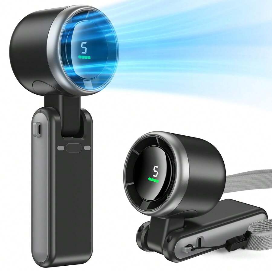 Portable Handheld Mini Fan, Foldable Powerful Winds Turbo Fan, 10000mAh Battery & 50000RPM Speed, USB Rechargeable Personal Fans With 5 Speed, Digital Display For Women Men Travel Camping Outdoor - 黑色 - 查看 1