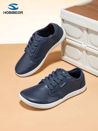HOBIBEAR Zapatos deportivos casuales para mujer, zapatos de cuero PU minimalistas y de moda con punta ancha, zapatos planos con cordones azul marino versátiles adecuados para ir al trabajo, viajes al aire libre, ciclismo