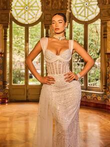 Faeriesty 优雅迷人的闪亮晚礼服，饰以精致的串珠和亮片——薄纱面料上点缀着垂直串珠扇形图案，修身鱼尾廓形 | 适合红毯活动、婚礼招待会、盛大生日派对、夏季度假派对等正式场合，白色春季款 - 白色 - 查看 7