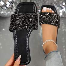 Rhinestones Summer Sandals Women Beach Slippers Casual Fashion Slippers Square Open Toe Flats Slides Shoes Outdoor Walking Travel - 黑色 - 查看 2