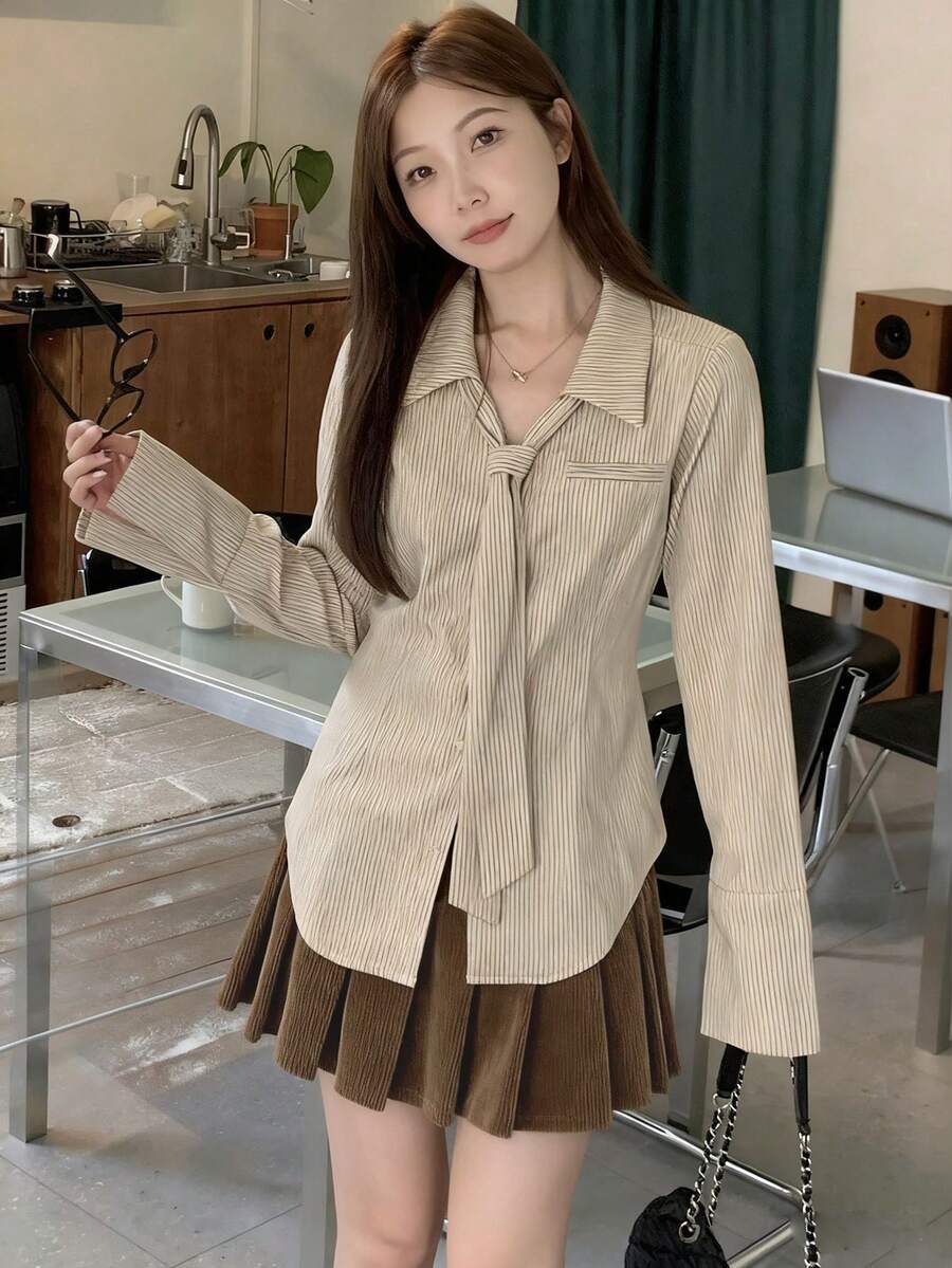 女士条纹休闲长袖衬衫(配领带),春秋装,长袖上衣 - 杏色 - 查看 1