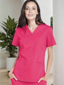Áo đồng phục phẫu thuật cổ chữ V tay ngắn có hai túi cho nữ - Màu Hồng Tươi - Xem 2