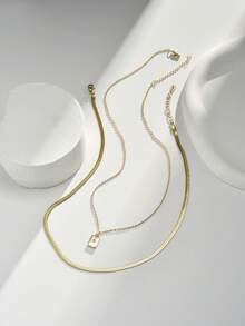 Nooxian 2 piezas Collar colgante de doble capa con cuchilla de acero inoxidable, cadena cuadrada de cobre con micro-incrustación de circonita brillante - Amarillo Oro - Ver 2