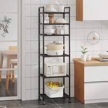 Estantería Flotante de 6 Niveles de Acero Inoxidable/Resina con Ruedas - Gris Oscuro/, Estante Multiusos de Almacenamiento, Altura Ajustable, Fácil Montaje, para Garaje, Despensa, Balcón - Unidad de Estantería Alta - Negro - Ver 1