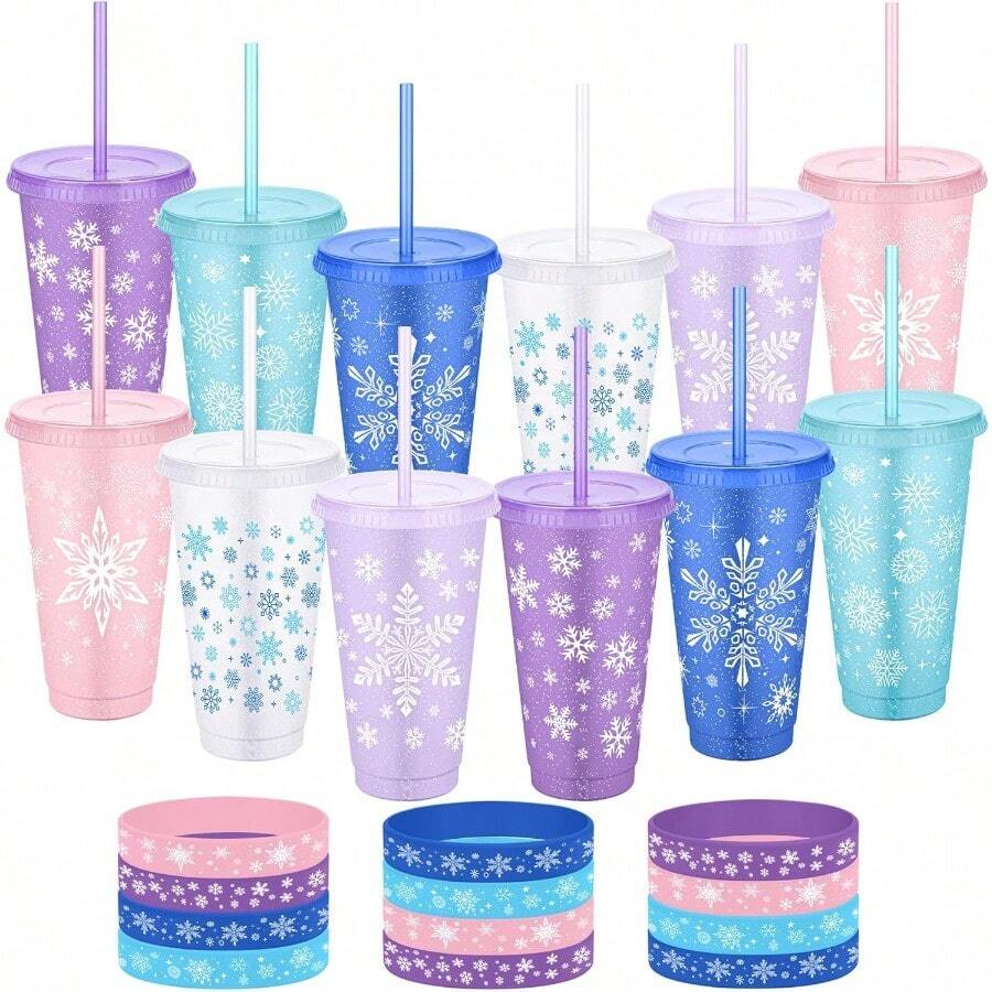 WSXC 24 Pieces Snowflake Party Favors Cups Set 24 Oz 12 Frozen Themed Cups With Lids And Straws 12 Silicone Bracelets Reusable Plastic Tumblers For Winter Theme Holiday Birthday Party Supplies - 藍色 - 查看 1