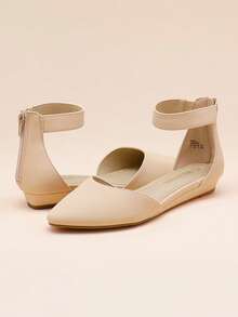 Women's Closed Pointed Toe Low Wedge Ankle Strap Casual Comfortable Ballet Flats With Back Zipper Design Party Wedding Shoes - Màu be - Xem 3