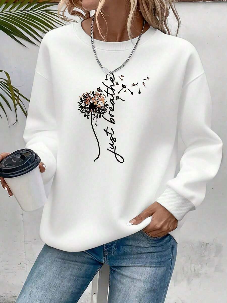 Women's Dandelion & 'Just Breathe' Slogan Print Sweatshirt - Vintage Casual Long Sleeve Round Neck Pullover, Autumn Winter Cozy Gift For Women, Retro Style, Cute Sweatshirts, Comfortable Clothing, Artistic Design, Soft Fabric Comfortable Cotton Round Neck Sweatshirt, Suitable For Sports And Commuting - trắng - Xem 1