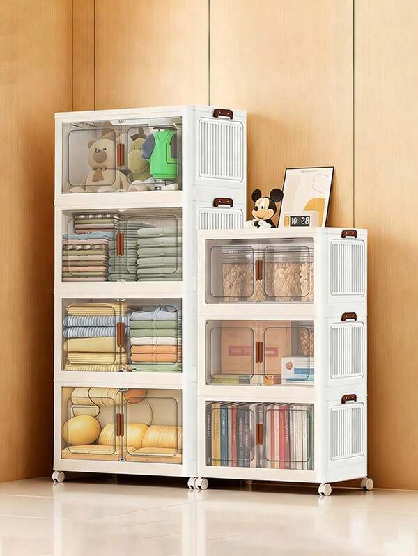 45CM-2/3/4/5 Capas Cestas de Almacenamiento con Tapas, Juego de 4 Cestas de Almacenamiento Apilables con Ruedas Plegables, Contenedores de Almacenamiento Plegables con Puerta para Organizadores de Armario del Hogar y Oficina, Cajas de Almacenamiento de Plástico