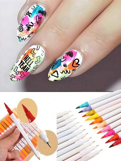 12 färger dubbeländade för matt nagelkonst nagelkonst graffitipenna + mjuk pensel målning linerpensel 3D abstrakta linjer fina detaljer blomma blad teckning tuschpenna