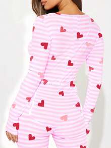Women's Valentine's Day Heart  Bow Striped  Pajama - Long Sleeve Zip-Front Jumpsuit Loungewear - 粉色 - 查看 3