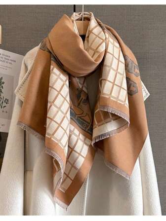 1pc Elegant Jacquard Horse Pattern Faux Cashmere Warm Scarf, Fashionable And Versatile Neck Warmer For Women, Suitable For Air-Conditioned Rooms In Autumn/Winter