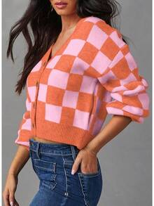 Women's Checkered Button Down Long Sleeve Knit Cropped Cardigan Sweater Tops, Style - 橘色 - 查看 4