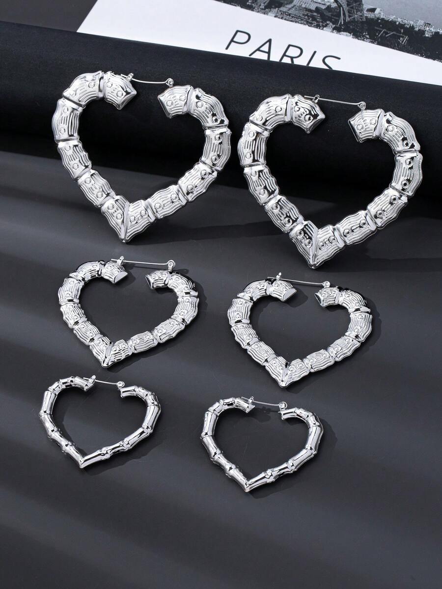 3对时尚心形竹结耳环，适合女性日常、派对或作为礼物佩戴 - 竹節愛心款 - 查看 1