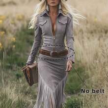 Vintage Western Deer Lapel Zipper Dress - Niannian - 灰色 - 查看 1