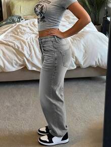 Quần jeans ống rộng kiểu vintage thời trang mới dành cho nữ, quần denim ống đứng dáng suông, cạp trung, đa năng, phù hợp cho mọi mùa xuân. - Màu Xám nhạt - Xem 2