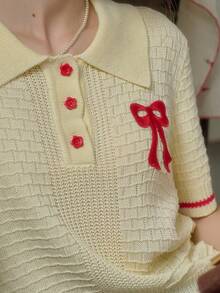 Simple Retro 女士春夏撞色3D花卉图案Polo领修身短袖上衣，优雅米色 - 米黃色 - 查看 4