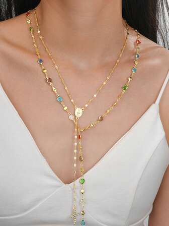 2pcs/Set Bohemian Style Colorful Crystal & Vintage Metal Cross Pendant Y-Necklace Set, Suitable For Women's Daily And Holiday Wear, Gift For Friends