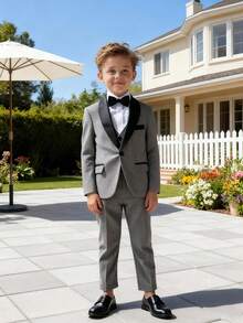3pcs Boys Suit Set, New Flower Boy Wedding Formal Outfit, Performance Wear For Toddler, Little & Big Kids, Includes Blazer, Pants, Bow Tie - Grey - View 4