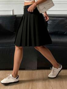 Women's Solid Color A-Line Pleated Skirt, Casual & Collegiate Style - Black - View 5