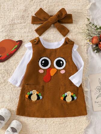 3pcs Baby Girls Thanksgiving Outfit Set: White Bodysuit + Cute Brown Bib Overalls Dress + Headband