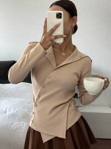 Livesso 女式不对称连帽韩版休闲长袖纯色毛衣，春秋季 - 卡其色 - 查看 6