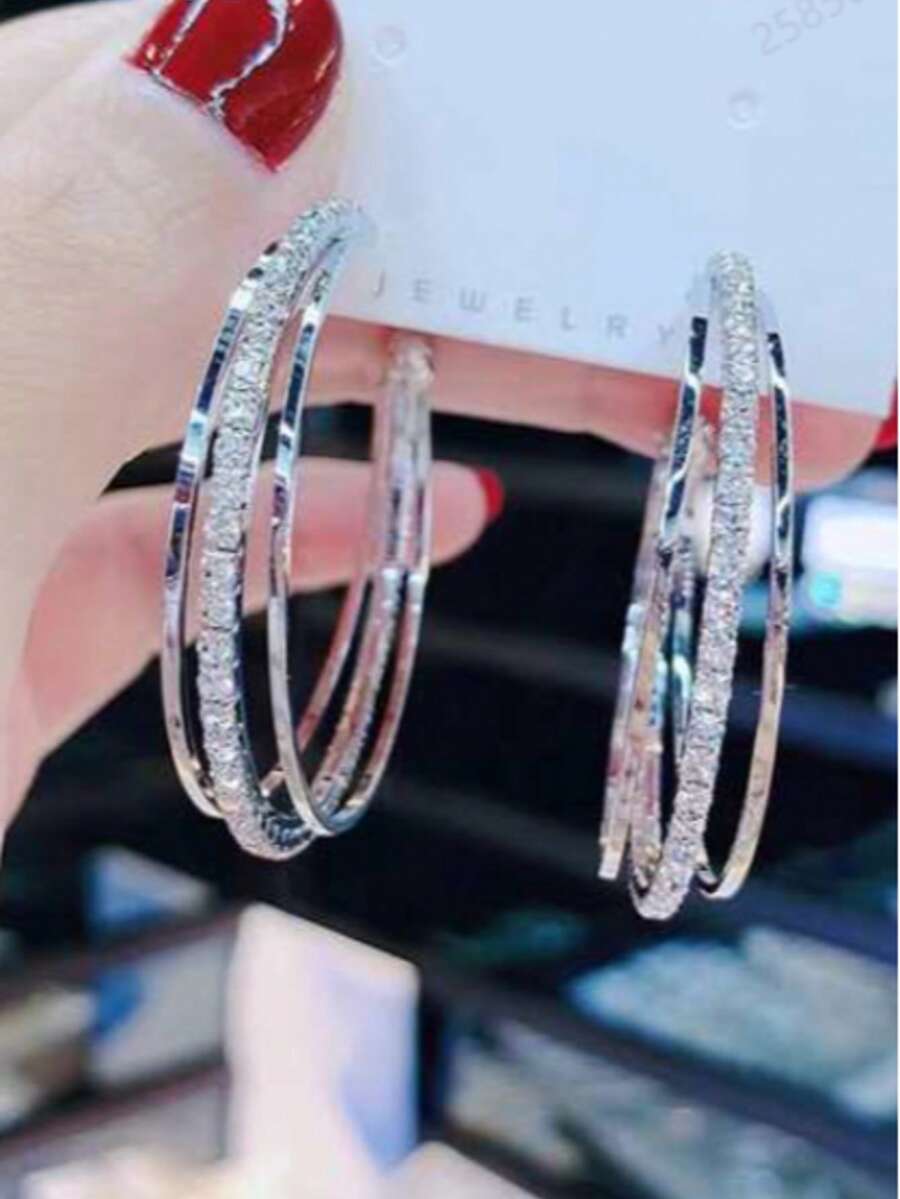 1对奢华、时尚、优雅的三排耳环，希望在女士耳环上镶嵌水钻 - 銀色2 - 查看 1