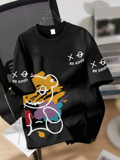 Teen Boys Street Graffiti Bear Design, Short Sleeve Loose Soft Cool Tee, Street Casual Wear Summer, Boys Tops