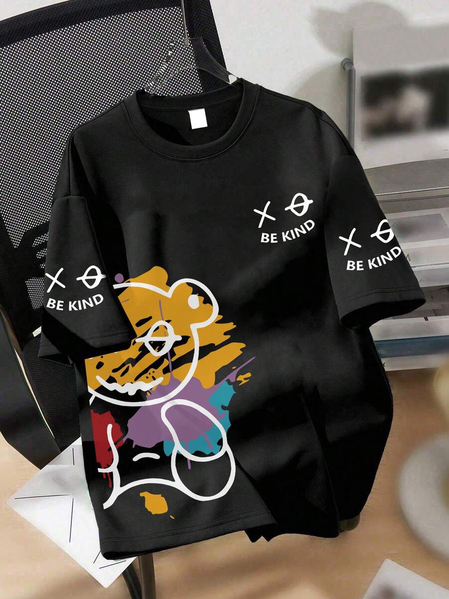 青少年男童街头涂鸦熊图案短袖宽松柔软凉爽T恤，夏季街头休闲装，男童上衣