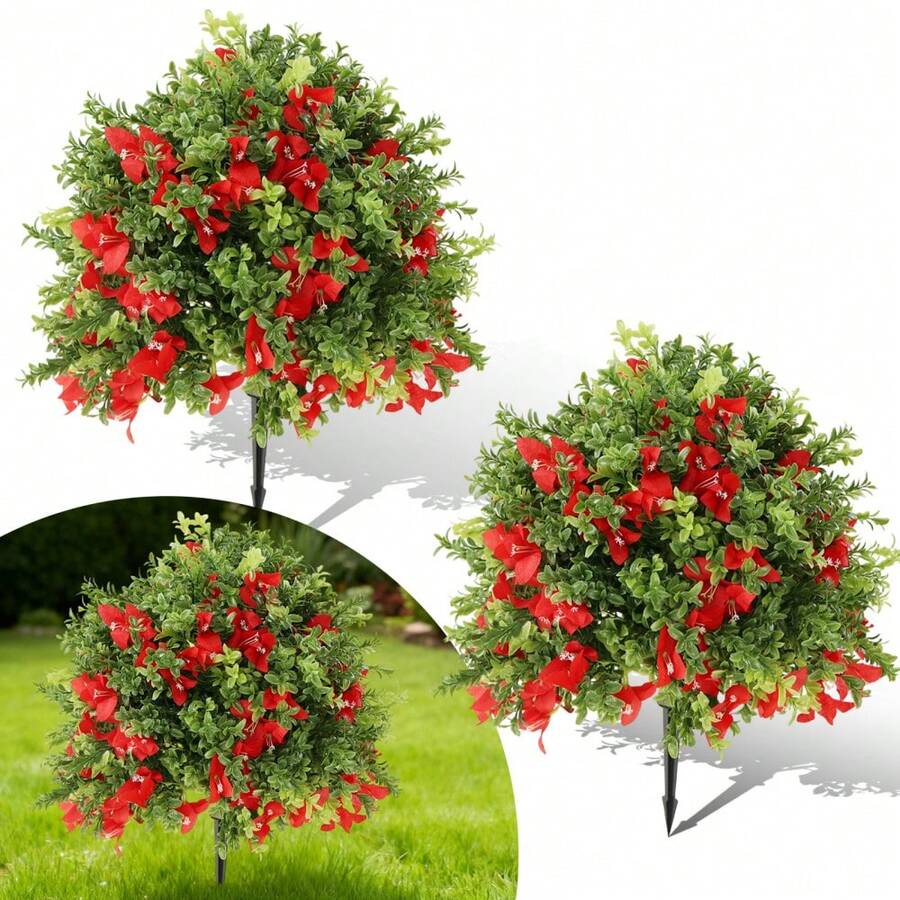 Tzou 2Pcs 2FT Artificial Bougainvillea Trees With Flowers, Realistic Faux Plants With Ground Spikes For Outdoor Garden, Porch, Patio Decor - 紅色 - 查看 1
