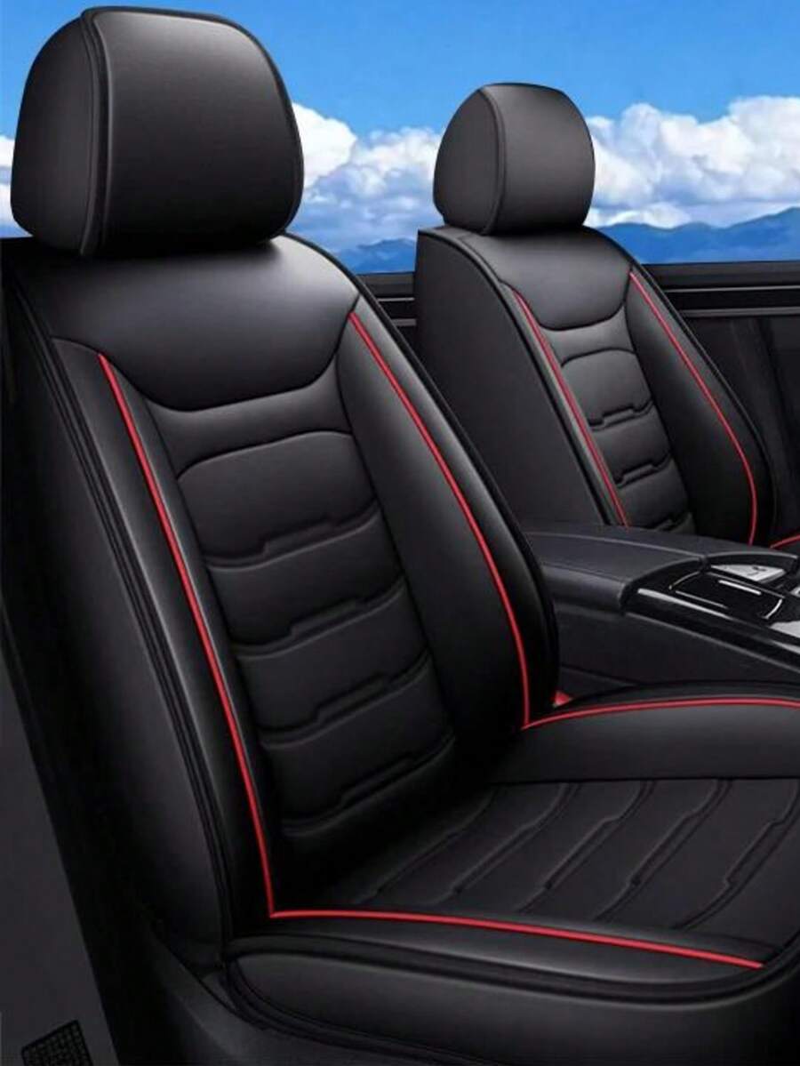 Stylish Black & Red Contrast Faux Leather Red-Stitched 5-Seater Full Coverage Car Seat Covers - Universal Fit Auto Seat Protectors - 五座黑紅色 - 查看 1