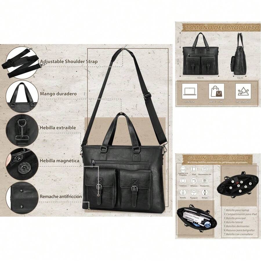 Portafolio para Hombre de 15. 6 Pulgadas, Maletín de Laptop de Piel PU, Grande Capacidad, Impermeable, Ideal para Trabajo, Negocios y Viajes - Negro - Ver 1