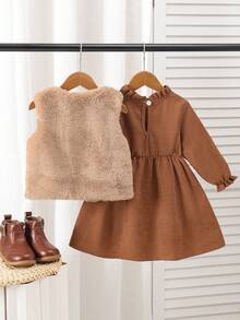 Young Girls Autumn 2pcs Set Solid Color Fur Bow Sleeveless Vest + Corduroy Casual Dress - Brown - View 2
