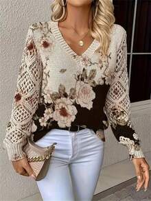 优雅印花V领长袖毛衣，百搭波西米亚风上衣，适合春、夏、秋、冬四季穿着，时尚针织套头衫，适合办公室、街头、居家、旅行等各种场合。黑色度假风 - 黑色 - 查看 3