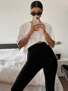 Livesso Simple Solid Color Long Leggings, Stylish Casual For Workout & Everyday Wear Fall Tights - Black - View 2